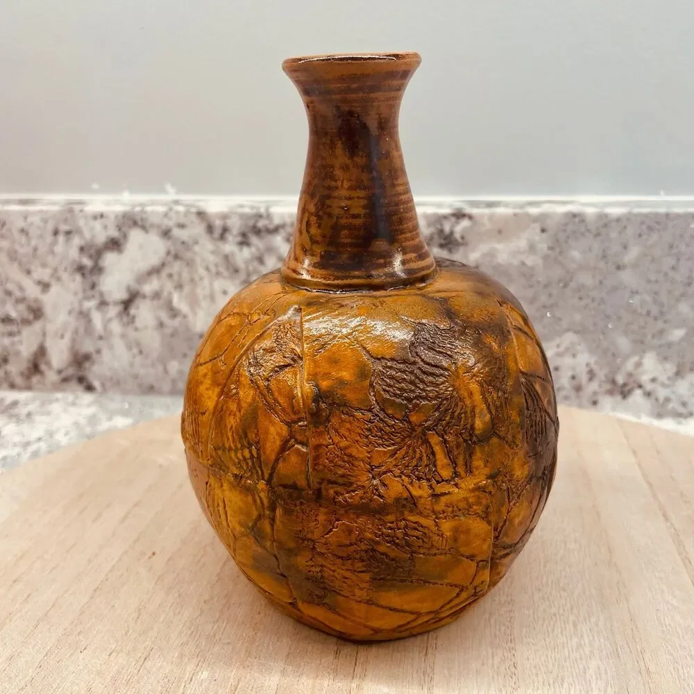 Vintage Otagiri Japan MCM Studio Pottery Vase Incised Bird Stoneware 4